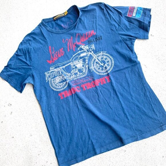 Johnson Motors Steve McQueen distressed M Blue Shirt - Picture 4 of 6